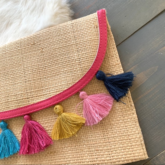 Boho Straw Clutch Purse Multicolored Tassels - Picture 3 of 6